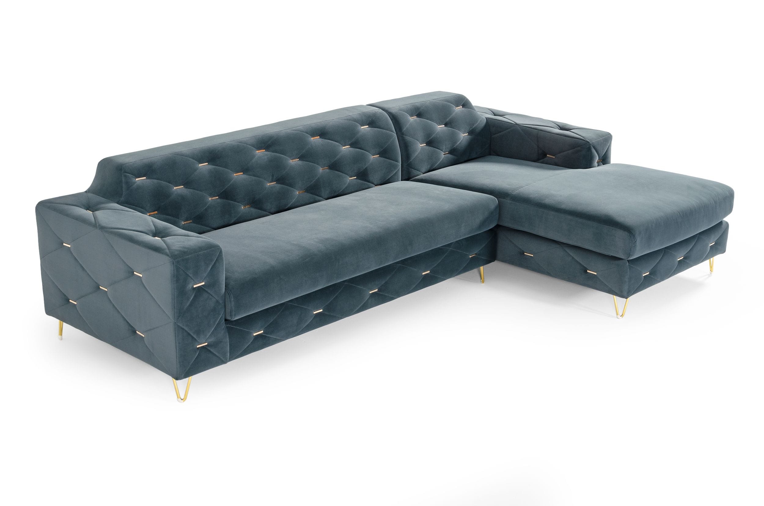 Divani Casa Chesterfield Blue Velvet Right Facing Sectional Sofa Model VG2T1222