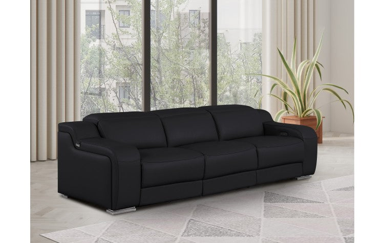 1116 DivanItalia Black Top Grain Italian Leather Power Reclining Sofa with Dual Recliners and Power HeadrestsModel:  1116-BLACK-3.2-S-HT