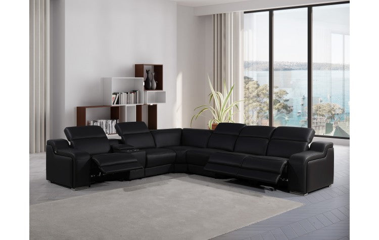 1116 DivanItalia Black Top-Grain Italian Leather 7-Piece Sectional with 3 Power Reclining Seats & Power HeadrestModel:  1116-BLACK-3PWR-7PC