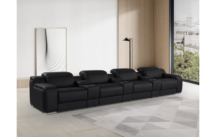 1116 DivanItalia Black 7-Piece Power Reclining Sofa with Power Headrest in Top Grain Italian LeatherModel:  1116-BLACK-S-7.4-HT