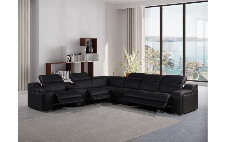 1116 DivanItalia Black Top-Grain Italian Leather 7-Piece Sectional with 4 Power Reclining Seats & Power HeadrestModel:  1116-BLACK-4PWR-7PC