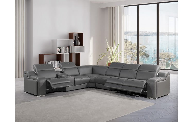 1116 DivanItalia Dark Grey Top-Grain Italian Leather 7-Piece Sectional with 3 Power Reclining Seats & Power HeadrestModel:  1116-DK_GRAY-3PWR-7PC