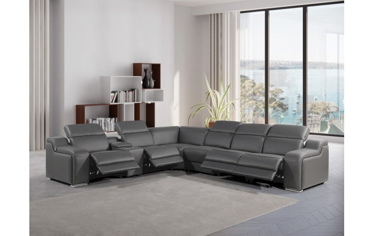 1116 DivanItalia Dark Grey Top-Grain Italian Leather 7-Piece Sectional with 4 Power Reclining Seats & Power HeadrestModel:  1116-DK_GRAY-4PWR-7PC