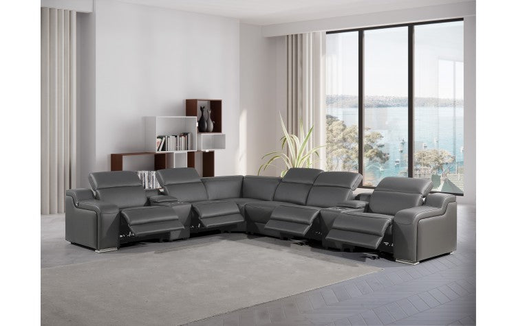 1116 DivanItalia Dark Grey Top-Grain Italian Leather 8-Piece Sectional with 4 Power Reclining Seats & Power HeadrestModel:  1116-DK_GRAY-4PWR-8PC