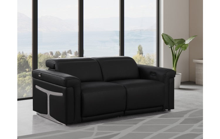 1126 DivanItalia Black Top Grain Italian Leather Loveseat with Power HeadrestModel:  1126-BLACK-2.2-HT