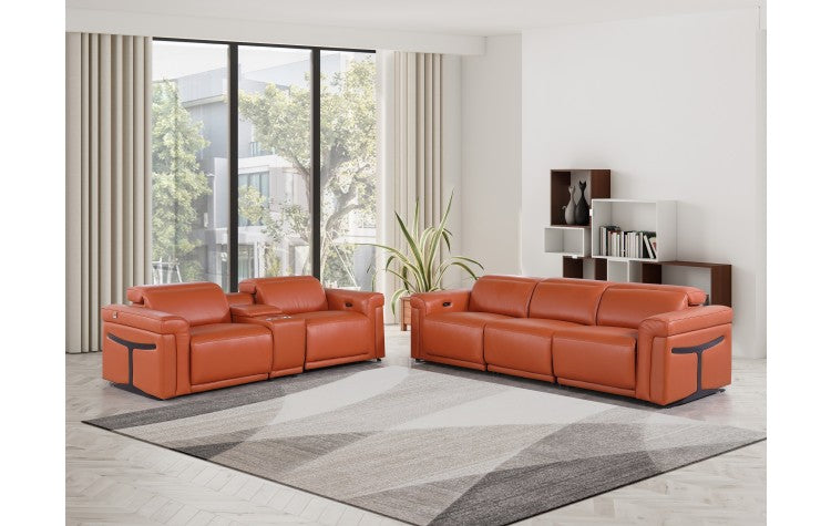 1126 DivanItalia Orange 6-Piece Modular Power Reclining Sofa and Loveseat Set with Power Headrests - Top Grain Italian LeatherModel:  1126-CAMEL-6.5-HT