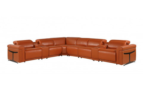1126 DivanItalia Orange 8-Piece Sectional with 3 Power Recliners and Power HeadrestsModel:  1126-CAMEL-3PWR-8PC