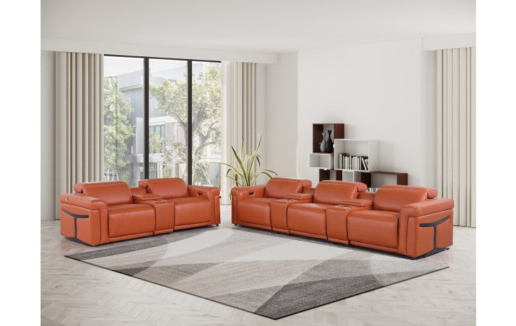 1126 DivanItalia Orange 8-Piece Modular Power Reclining Sofa Set with Power Headrests – Top Grain Italian LeatherModel:  1126-CAMEL-8.5-HT
