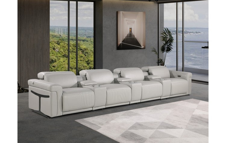 1126 DivanItalia Light Gray 7-Piece Power Reclining Sofa with Power Headrest in Top Grain Italian LeatherModel:  1126-LT_GREY-7.4-HT