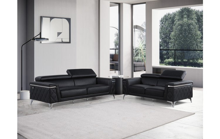 1140 DivanItalia Black Sofa and Loveseat Set – Top Grain Italian LeatherModel:  1140-BLACK-2PC