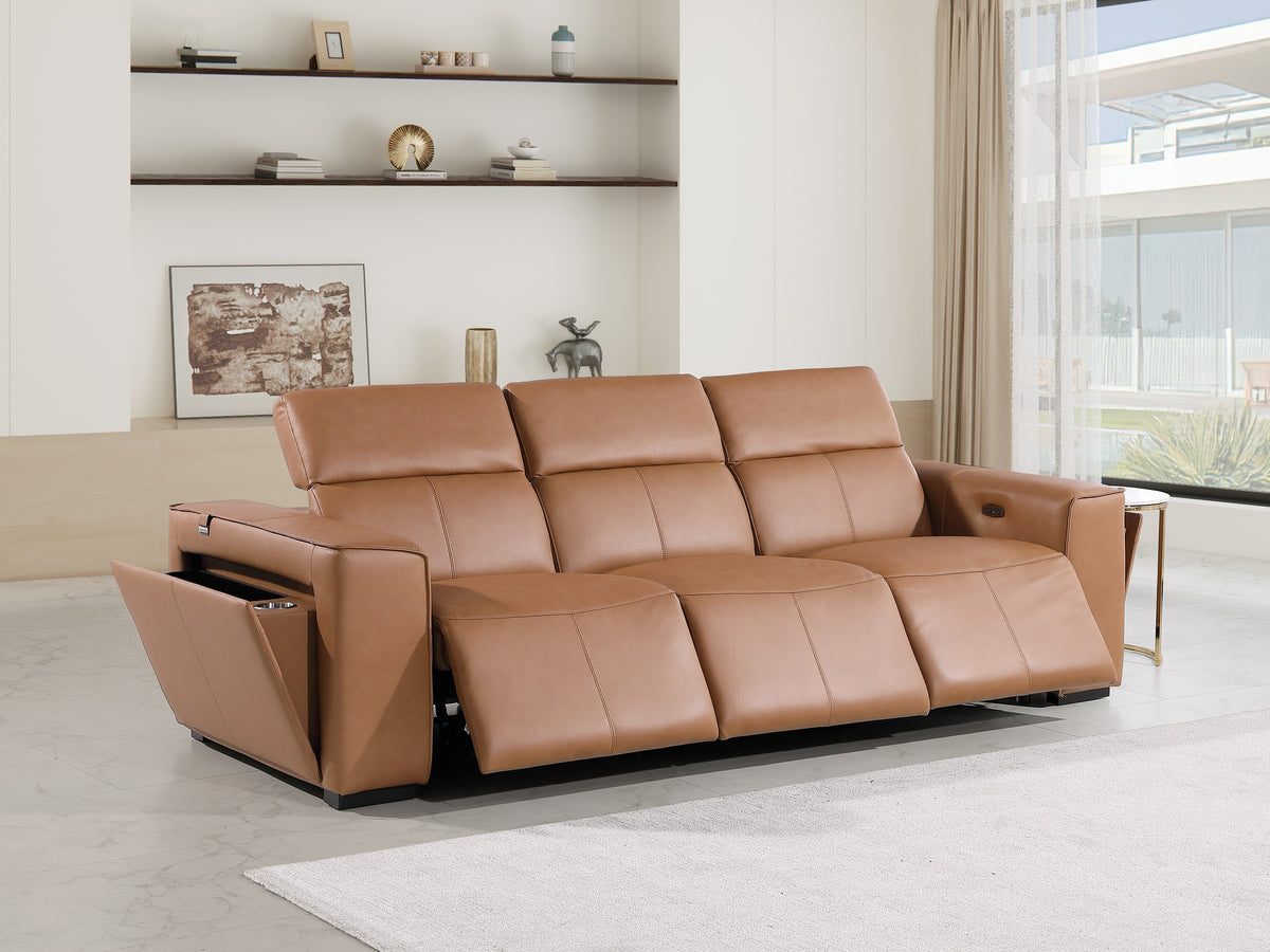 1224 - Caviani Cognac Modular Power Triple Reclining Sofa with Power Reclining Headrests - Top Grain Italian Leather