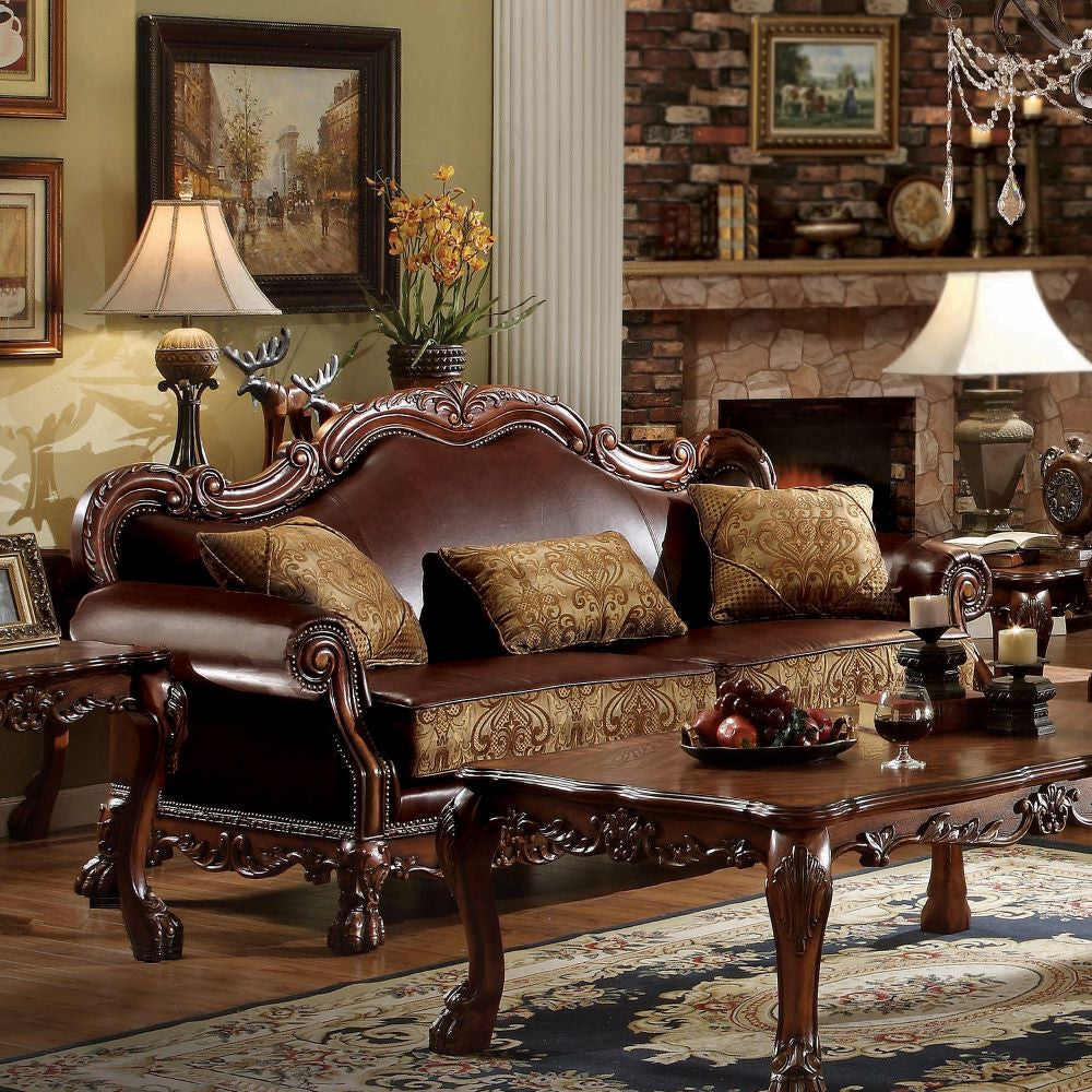 ACME Dresden Brown PU & Chenille, Cherry Oak Finish Dresden Sofa Model 15160