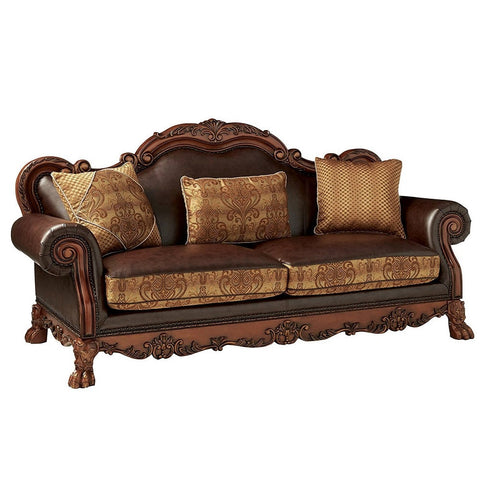 ACME Dresden Brown PU & Chenille, Cherry Oak Finish Dresden Sofa Model 15160