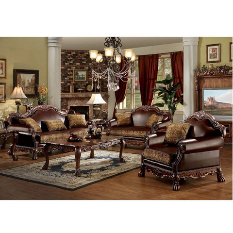 ACME Dresden Brown PU & Chenille, Cherry Oak Finish Dresden Sofa Model 15160