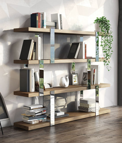 Modrest Brewer Modern Walnut Glass & Stainless Steel Bookshelf Model VGBBMQ2001SF-SHELF