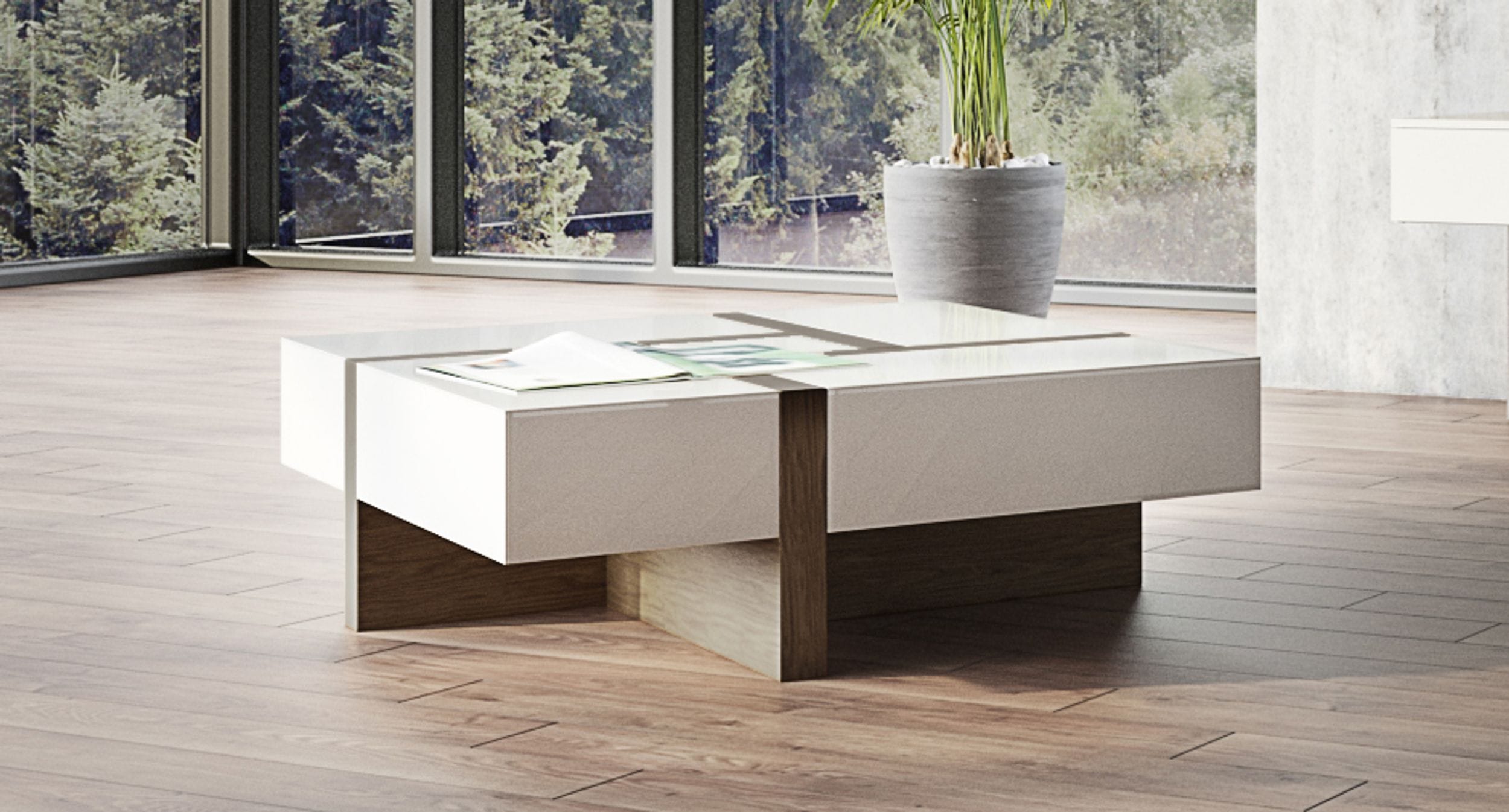 Modrest Makai Modern White & Walnut Square Coffee Table