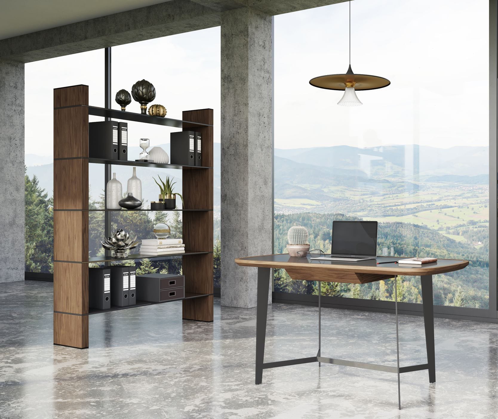 Modrest Glencoe Modern Walnut & Black Glass Bookshelf Model VGBBMQ2005SF-1