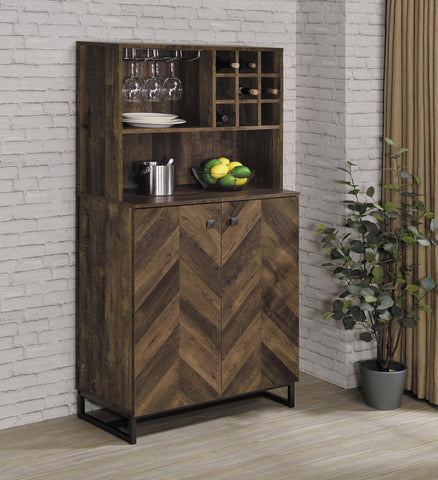 Coaster Mendoza 2-door Wine Cabinet Rustic Oak Herringbone and Gunmetal Model 182082