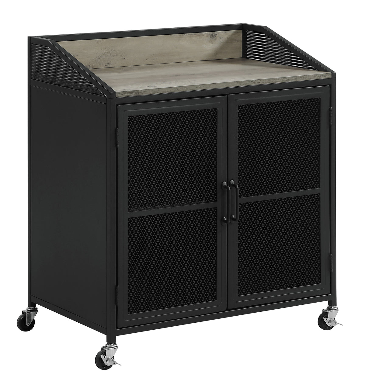 Coaster Arlette Wine Cabinet with Wire Mesh Doors Grey Wash and Sandy Black Model 183476