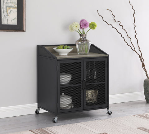 Coaster Arlette Wine Cabinet with Wire Mesh Doors Grey Wash and Sandy Black Model 183476