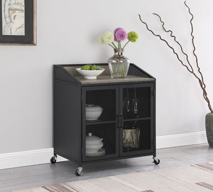 Coaster Arlette Wine Cabinet with Wire Mesh Doors Grey Wash and Sandy Black Model 183476