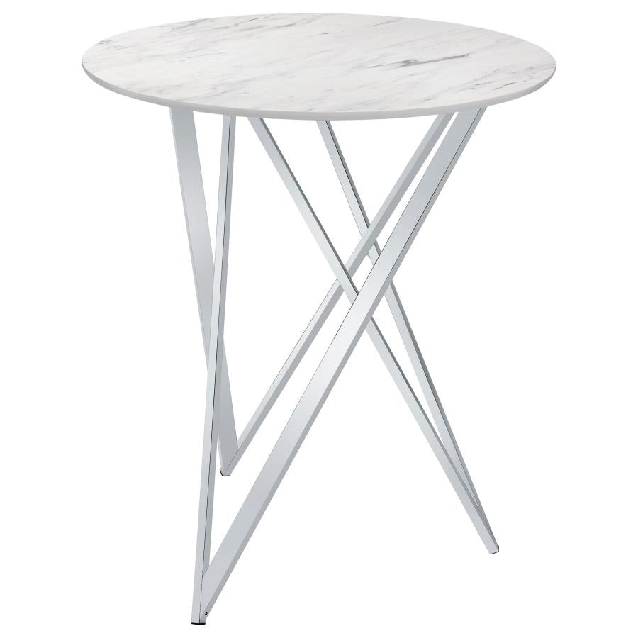 Coaster Bexter Faux Marble Round Top Bar Table White and Chrome Model 183526