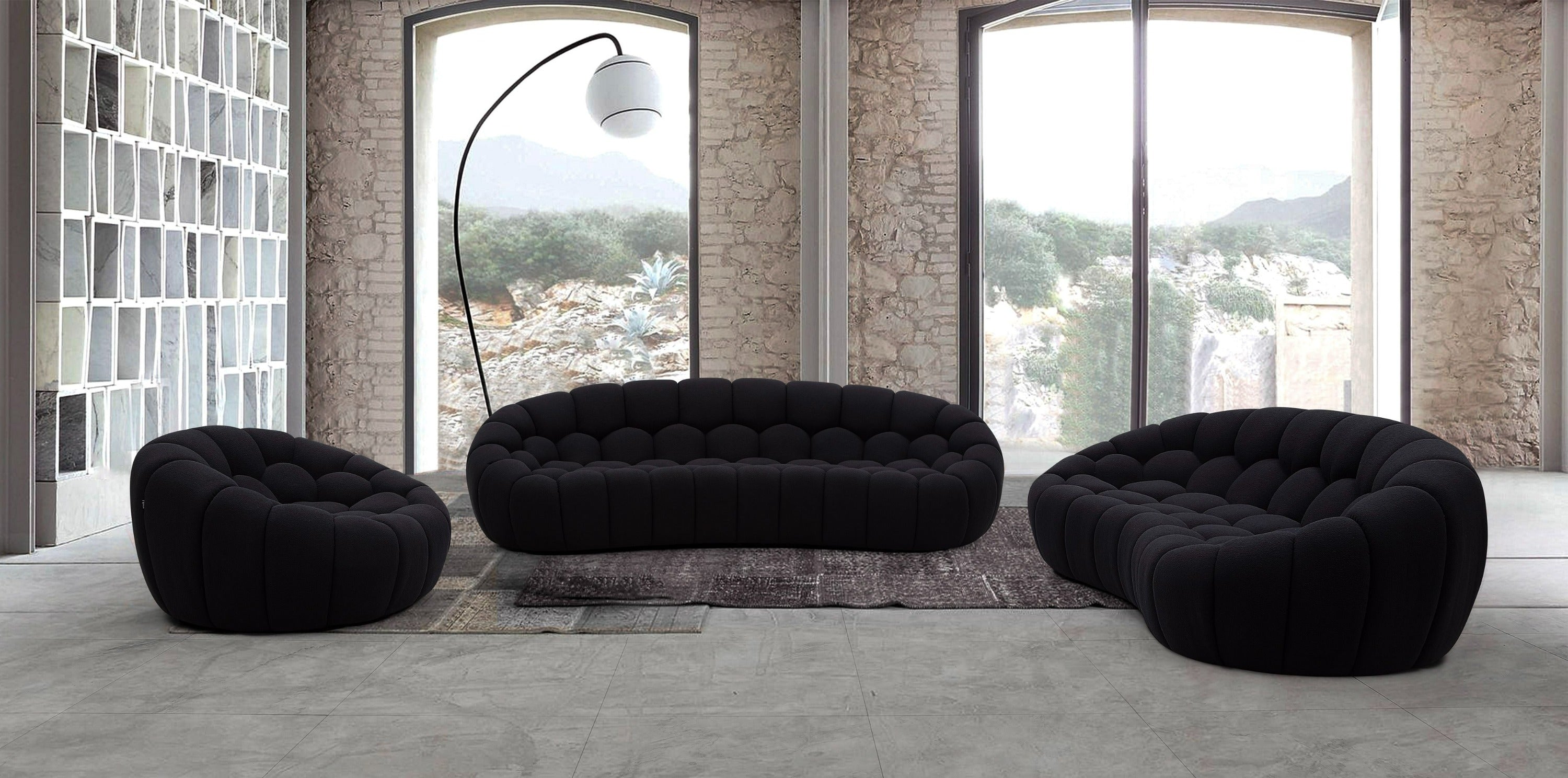 Divani Casa Yolonda Modern Curved Black Fabric Sofa Set Model VGEV-2126C-SET-BLK