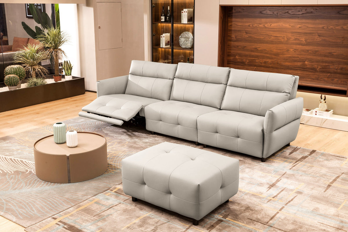 Divani Casa Joliet Modern Light Grey Leather 4 Seater Sofa With Two Recliners