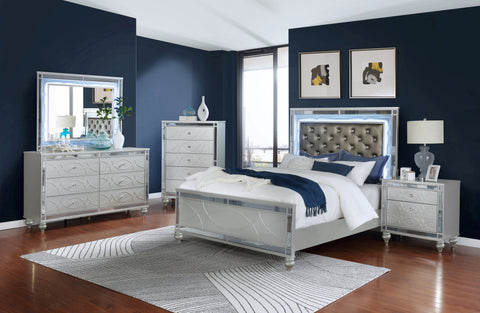 Coaster Gunnison Eastern King Panel Bed with LED Lighting Silver Metallic Model 223211KE
