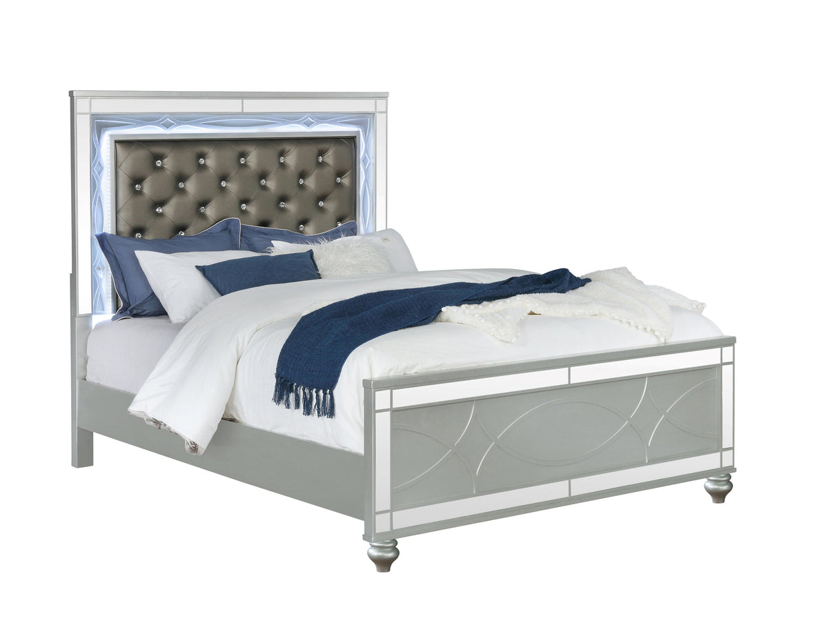 Coaster Gunnison Eastern King Panel Bed with LED Lighting Silver Metallic Model 223211KE