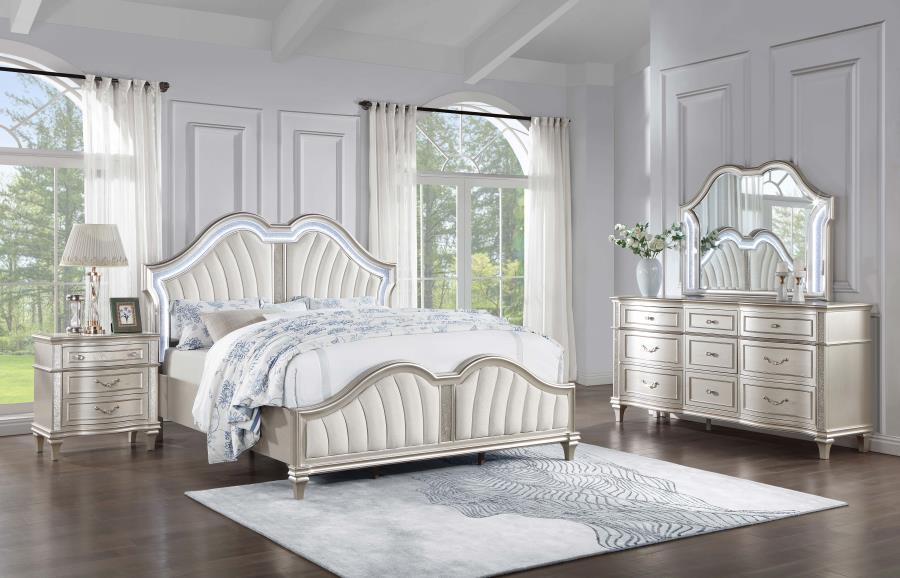 Coaster Evangeline 4-piece Upholstered Platform Queen Bedroom Set Ivory and Silver Oak Model 223391Q-S4