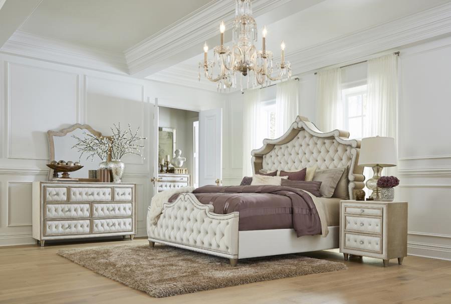 Coaster Antonella Upholstered Tufted Bedroom Set Ivory and Camel Model 223521KE-S5