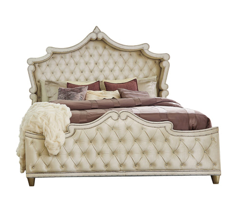 Coaster Antonella Upholstered Tufted Eastern King Bed Ivory and Camel Model 223521KE