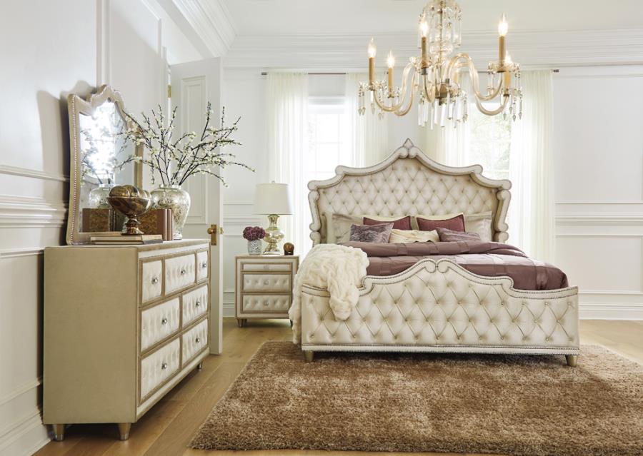 Coaster Antonella Upholstered Tufted Bedroom Set Ivory and Camel Model 223521KW-S4
