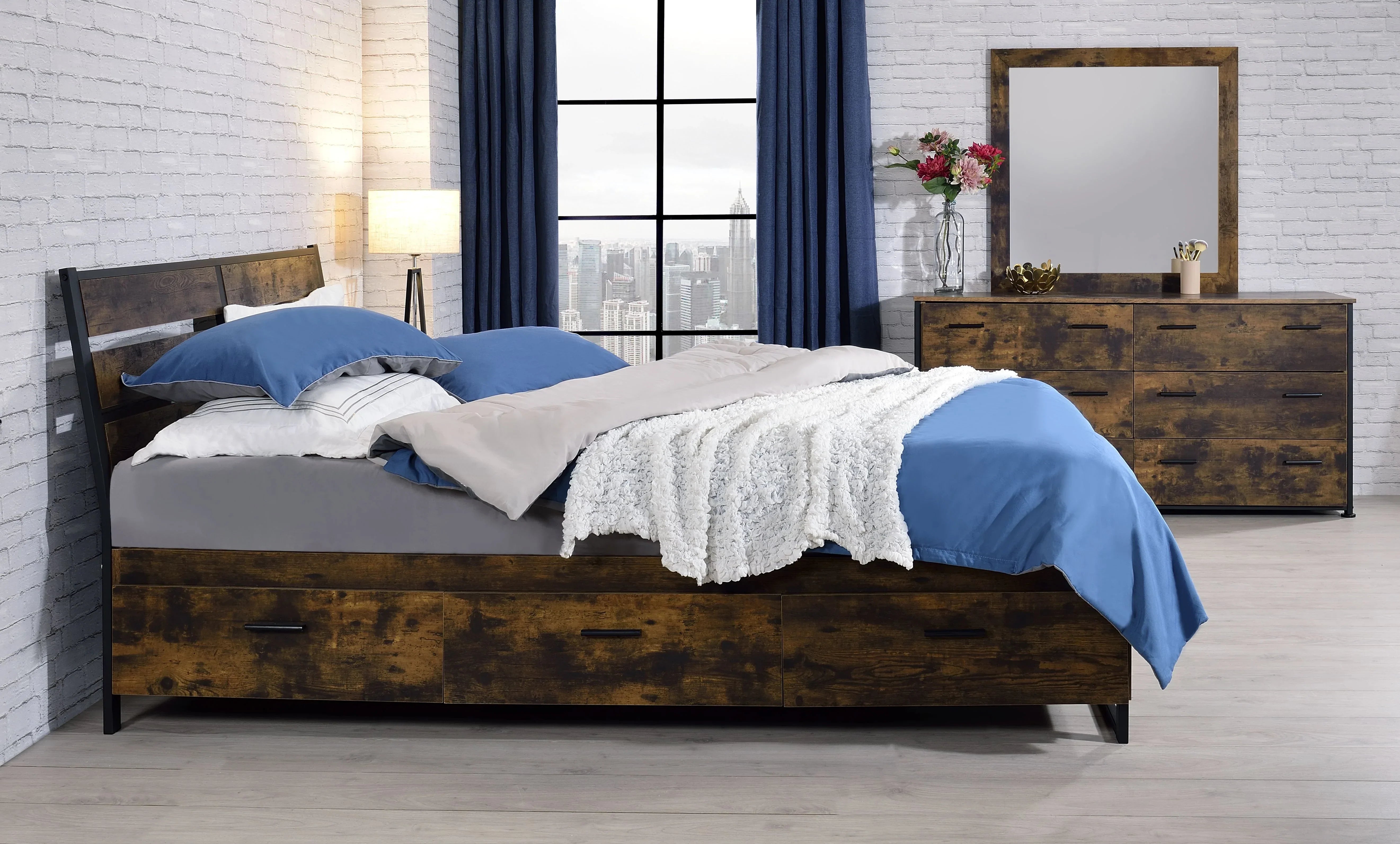 Juvanth Rustic Oak & Black Finish Eastern King Bed Model 24257EK By ACME Furniture