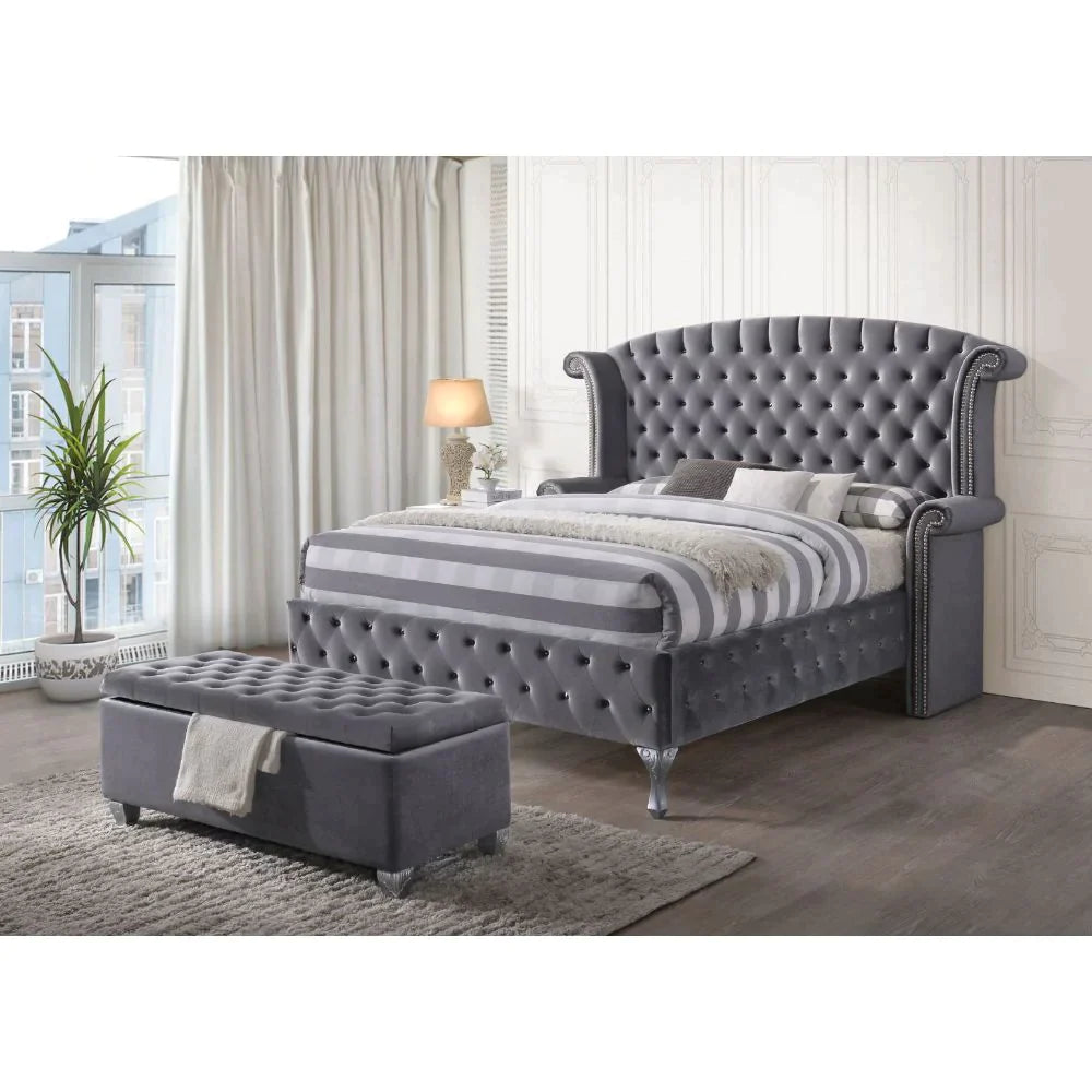 Rebekah Gray Velvet Queen Bed Model 25820Q By ACME Furniture