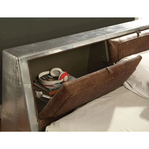 Brancaster Retro Brown Top Grain Leather & Aluminum Queen Bed Model 26220Q By ACME Furniture