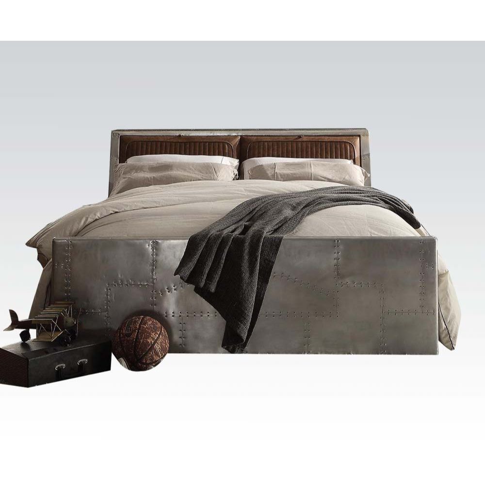 Brancaster Retro Brown Top Grain Leather & Aluminum Queen Bed Model 26220Q By ACME Furniture