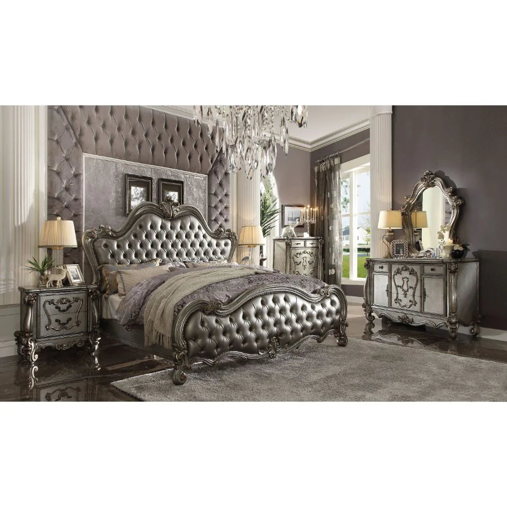 Versailles II Silver PU & Antique Platinum Eastern King Bed Model 26837EK By ACME Furniture