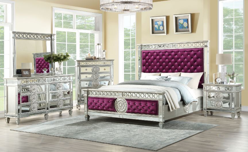 Varian Burgundy Velvet & Mirrored California King Bed Model 27364CK By ACME Furniture