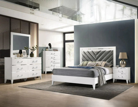 Chelsie Gray Fabric & White Finish Eastern King Bed Model 27387EK By ACME Furniture
