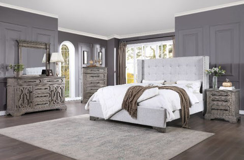 Artesia Tan Fabric & Salvaged Natural Finish Eastern King Bed Model 27697EK By ACME Furniture