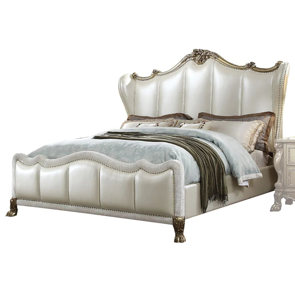 Dresden II Pearl White PU & Gold Patina Queen Bed Model 27820Q By ACME Furniture