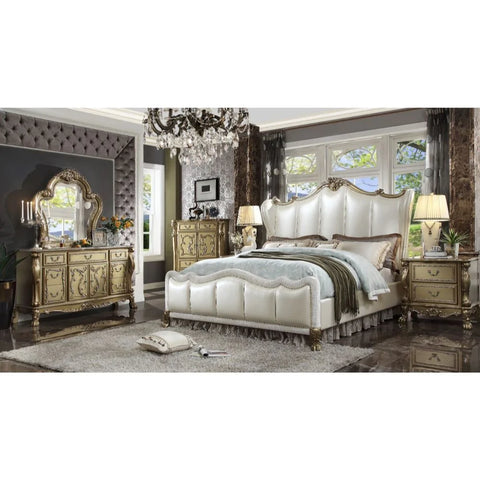 Dresden II Pearl White PU & Gold Patina California King Bed Model 27814CK By ACME Furniture