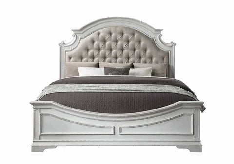Florian Beige PU & Antique White Finish Eastern King Bed Model 28717EK By ACME Furniture