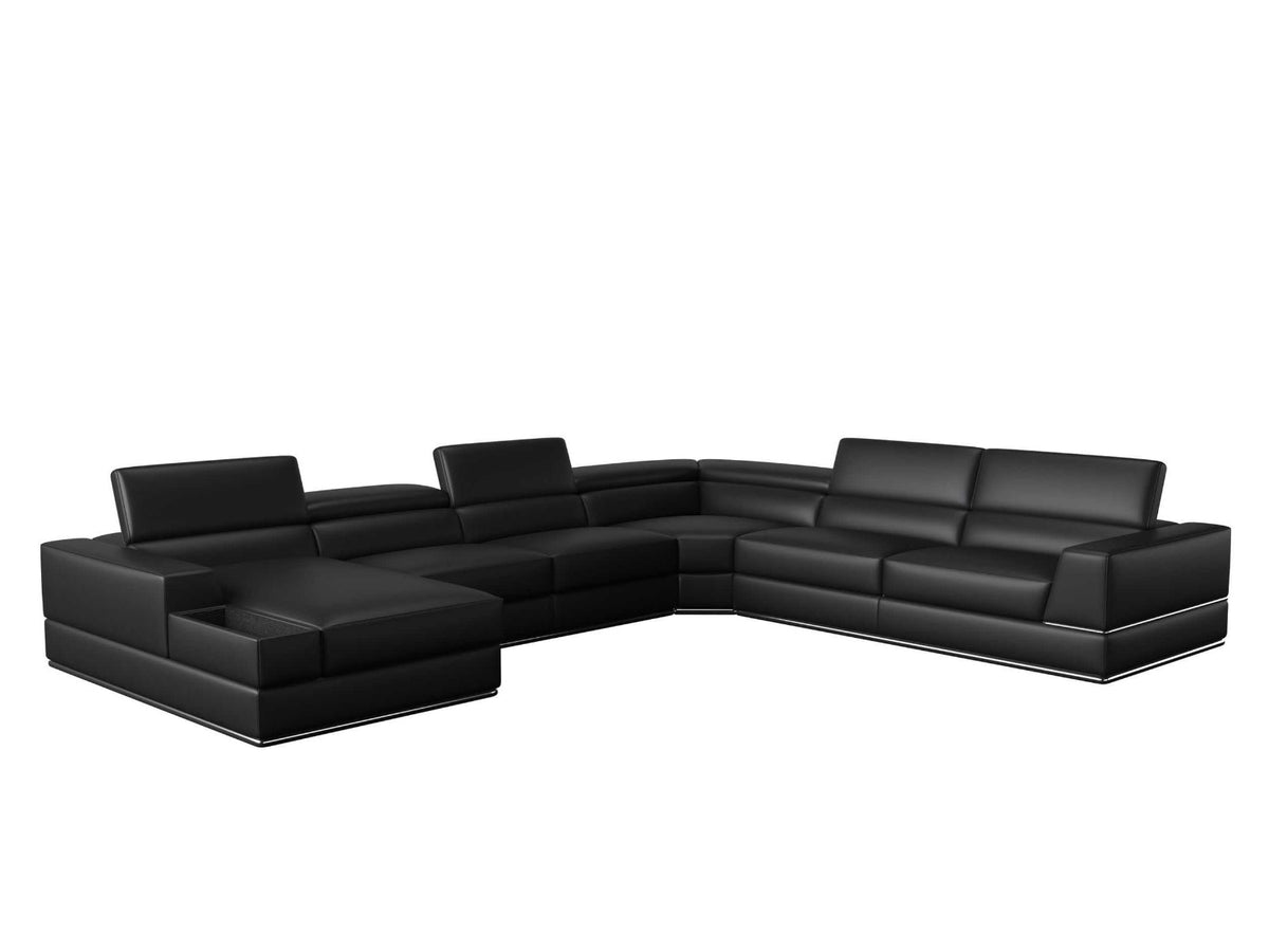 Divani Casa Pella Modern Black Italian Leather U Shaped Laf Chaise Sectional Sofa Model VGEV-5106-BLK-SECT