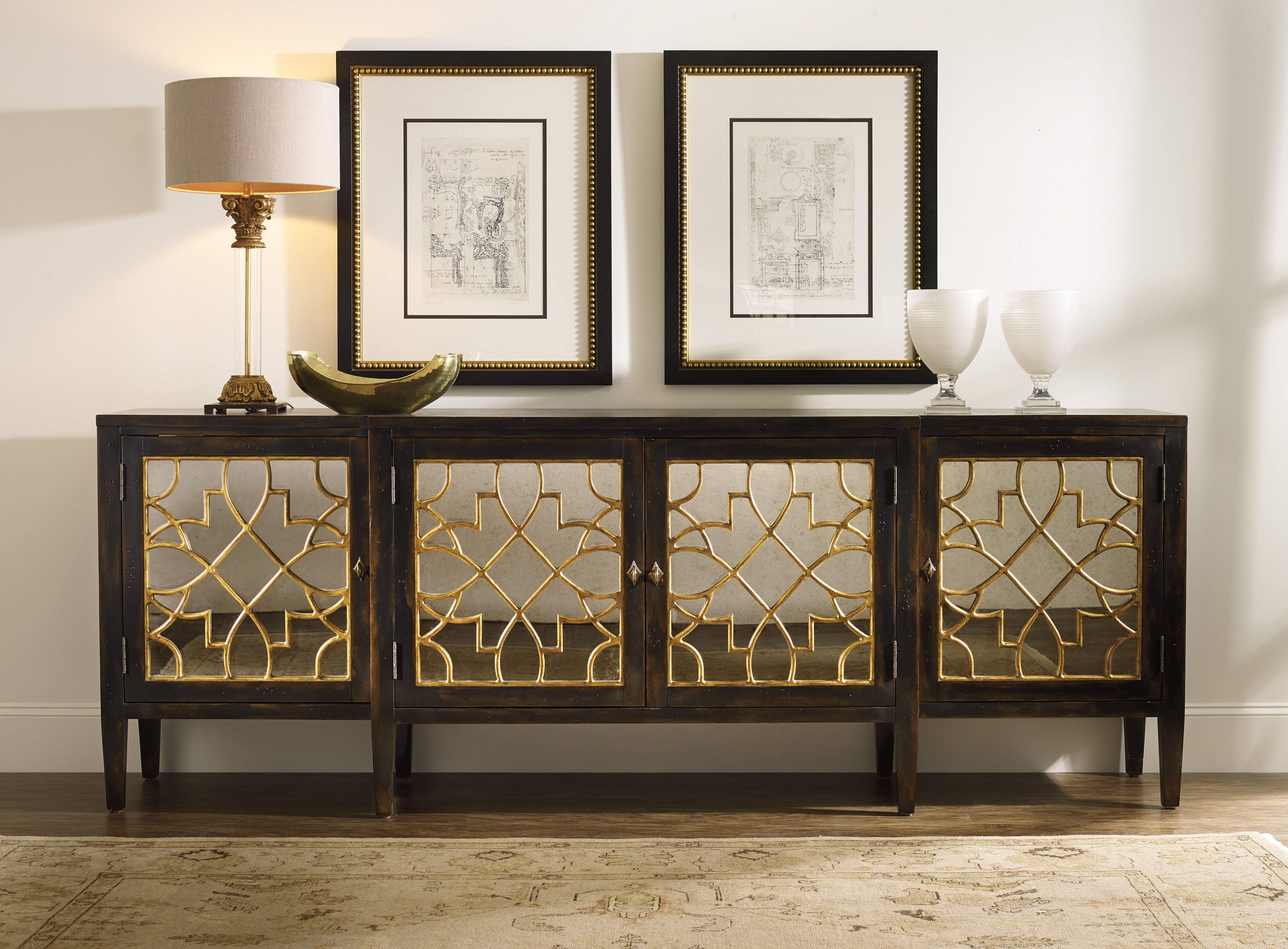 Hooker Furniture Living Room Sanctuary Four Door Mirrored Console- Ebony