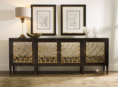 Hooker Furniture Living Room Sanctuary Four Door Mirrored Console- Ebony