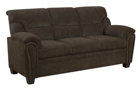 Coaster Clementine Upholstered Sofa with Nailhead Trim Brown Model 506571