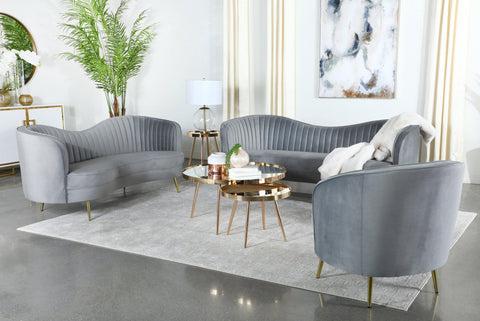 Coaster Sophia Upholstered Loveseat with Camel Back Grey and Gold Model 506865